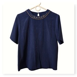 Navy Short Sleeve Tee with Gold-Trimmed Embellished Collar